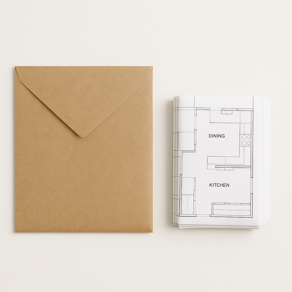 Folded 24×36 architectural blueprints stacked beside a kraft mailer envelope showing economical shipping option