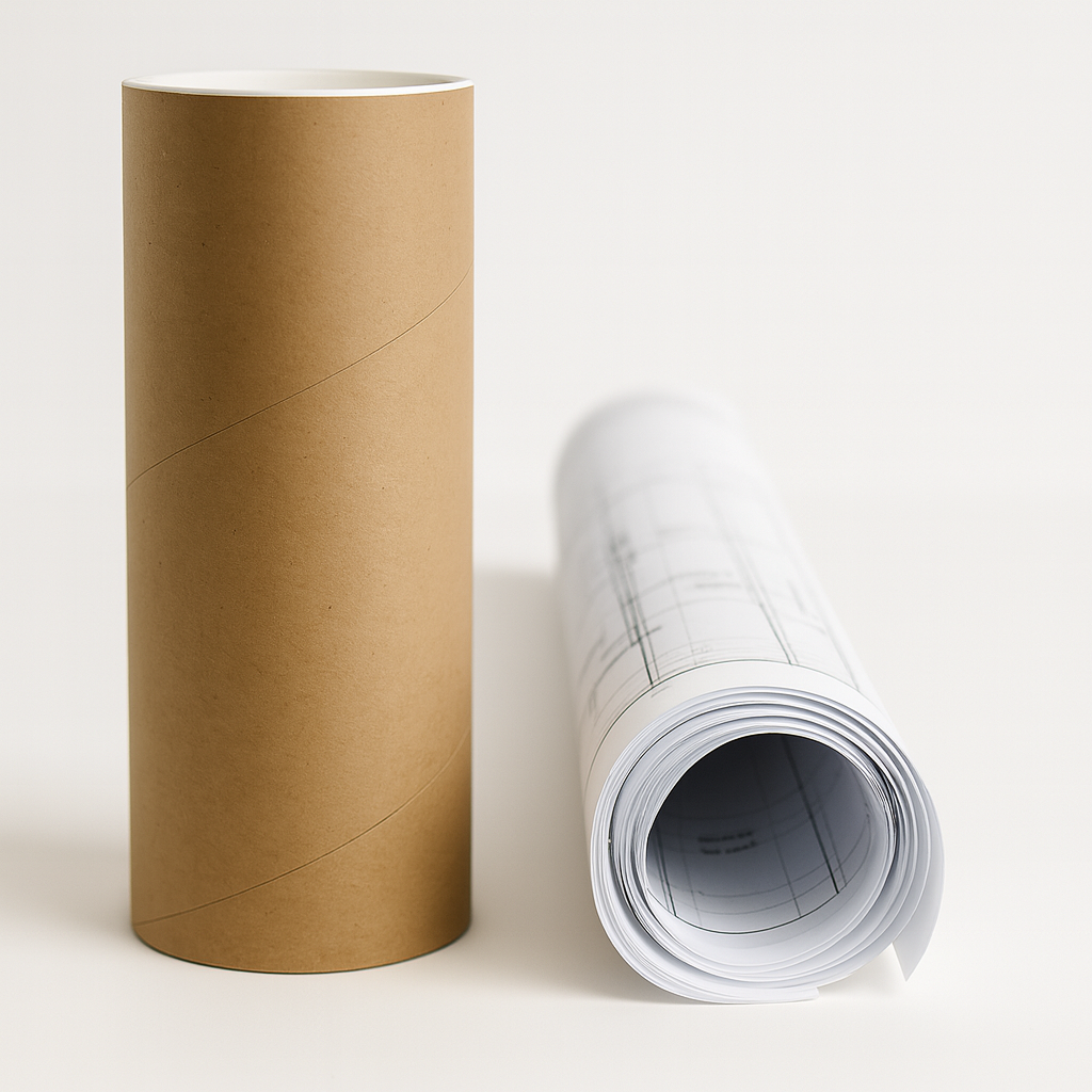 Rolled 24×36 architectural blueprint printed on 20 lb CAD bond paper beside a brown shipping tube on white background.